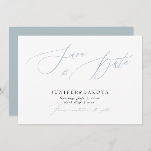 Invitation PixDezines Dusty Blue Modern Script Enregistrer la (Devant / Derrière)