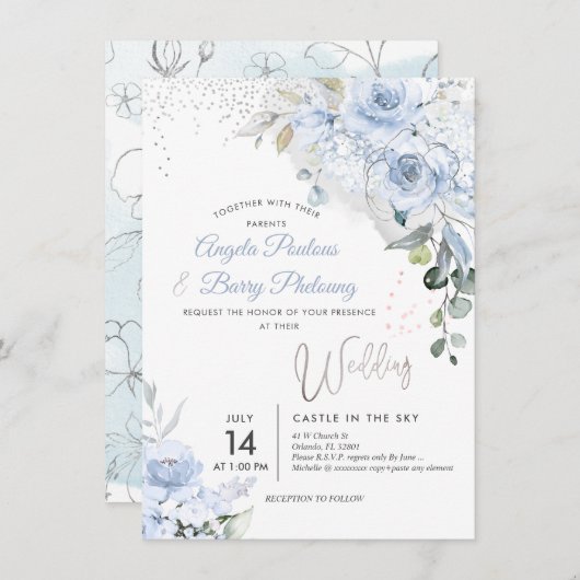 Invitation PixDezines Dusty Blue Roses Faux Parties scintilla (Devant / Derrière)