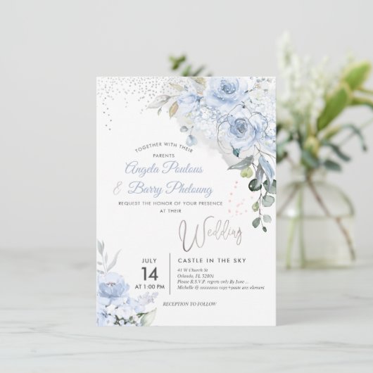 Invitation PixDezines Dusty Blue Roses Faux Parties scintilla (Debout devant)