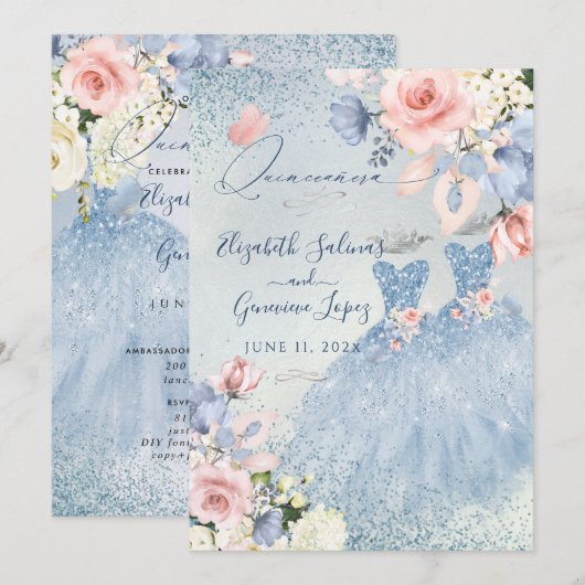 Invitation PixDezines Dusty Blue Roses jumeaux Quinceanera (Devant / Derrière)