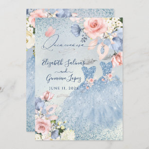 Invitation PixDezines Dusty Blue Roses jumeaux Quinceanera