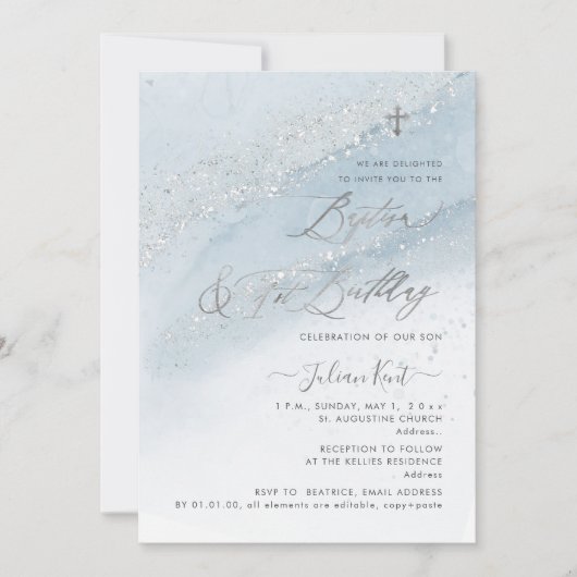 Invitation PixDezines Dusty Blue Silver Baptême+1er anniversa (Devant)