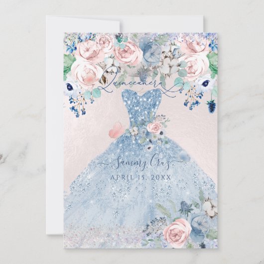Invitation PixDezines Dusty Pink Blue Peonies Quinceanera (Devant)