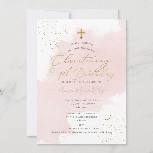 Invitation PixDezines Dusty Rose H2 Christening+1er Anniversa (Devant)