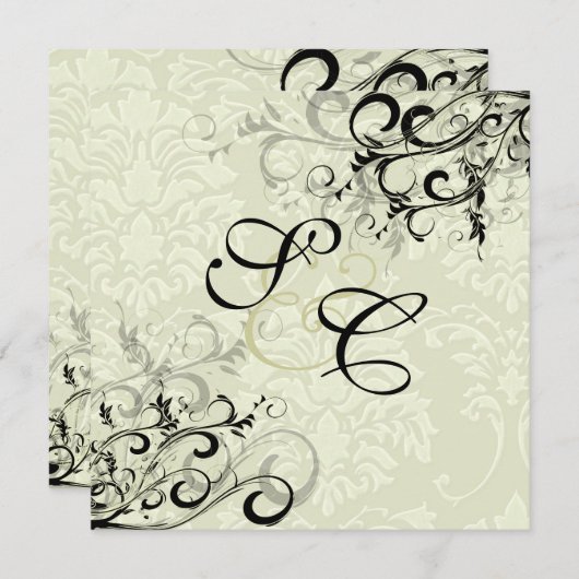 Invitation PixDezines EBONY SWIRLS/IVORY BAROQUE DAMASK (Devant / Derrière)