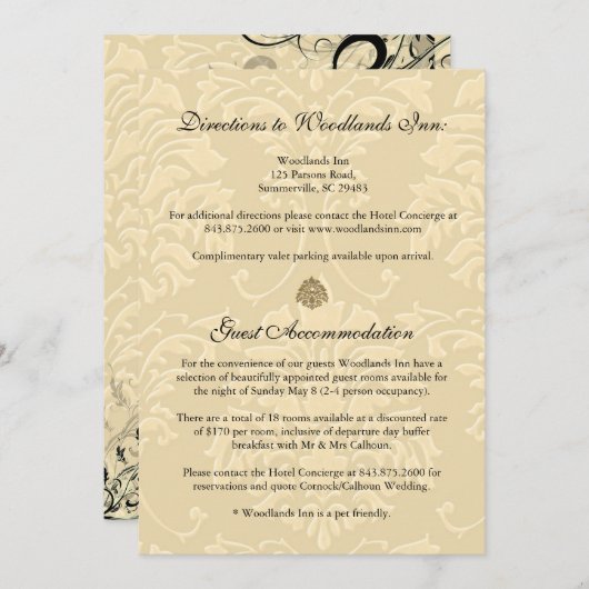 Invitation PixDezines EBONY SWIRLS/IVORY BAROQUE DAMASK (Devant / Derrière)