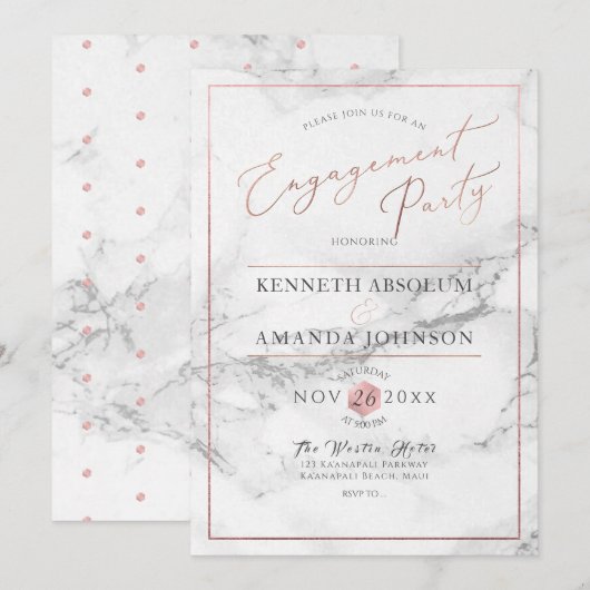 Invitation PixDezines Élégant Script, Marble+Faux Rose Gold (Devant / Derrière)