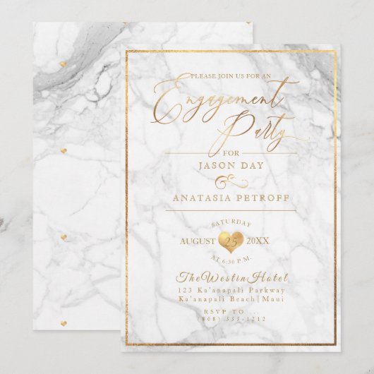 Invitation PixDezines Engagement Party Marbre/Faux Gold (Devant / Derrière)