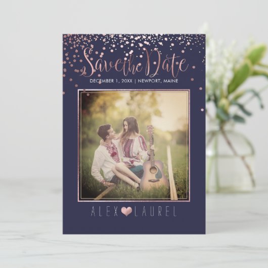 Invitation PixDezines Enregistrer la date/Faux Rose Gold Conf (Debout devant)