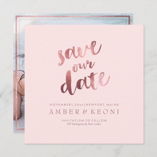 Invitation PixDezines Enregistrer la date/Faux Rose Gold/Marb (Devant / Derrière)