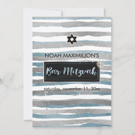 Invitation PixDezines faux argent/bleu/bandes bar mitzvah (Devant)