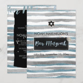 Invitation PixDezines faux argent/bleu/bandes bar mitzvah (Devant / Derrière)