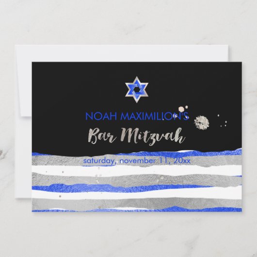 Invitation PixDezines faux argent/bleu/bandes bar mitzvah (Devant)