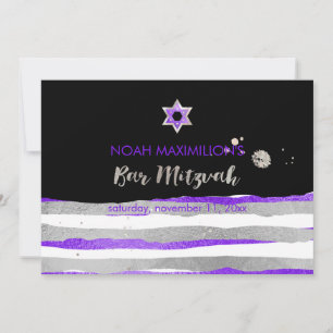 Invitation PixDezines faux argent/violet/rayures bar mitzvah