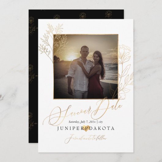 Invitation PixDezines Faux Gold Lisianthus+Delicate Branch (Devant / Derrière)