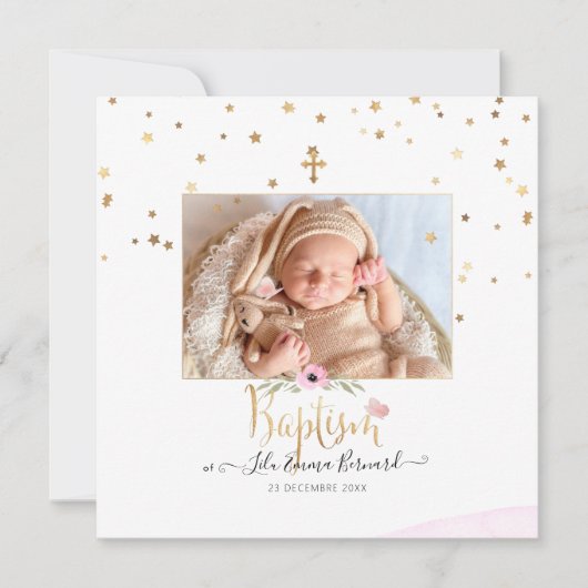 Invitation PixDezines Faux Gold Stars Baptême (Devant)