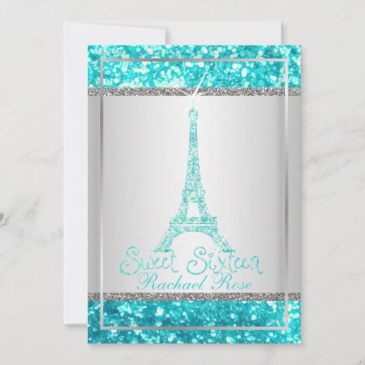 Invitation PixDezines faux parties scintillant eifflel/aqua b (Devant)