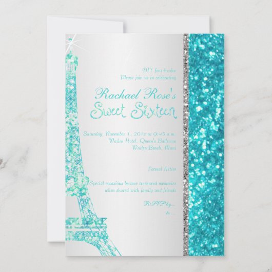 Invitation PixDezines faux parties scintillant eifflel/aqua b (Dos)