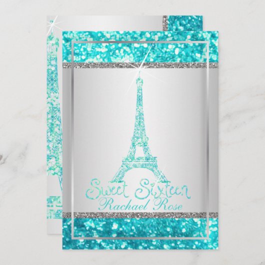 Invitation PixDezines faux parties scintillant eifflel/aqua b (Devant / Derrière)