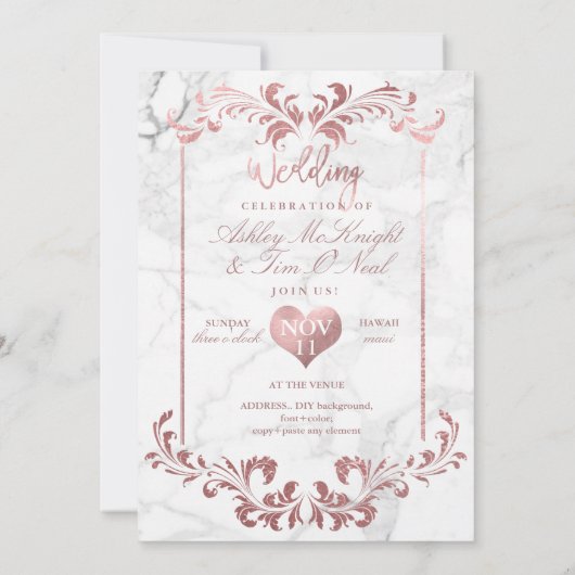 Invitation PixDezines Faux Rose Gold Chandelier / Coeur / Mar (Dos)