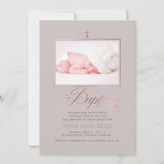 Invitation PixDezines Faux Rose Gold Cross Baptism (Devant)