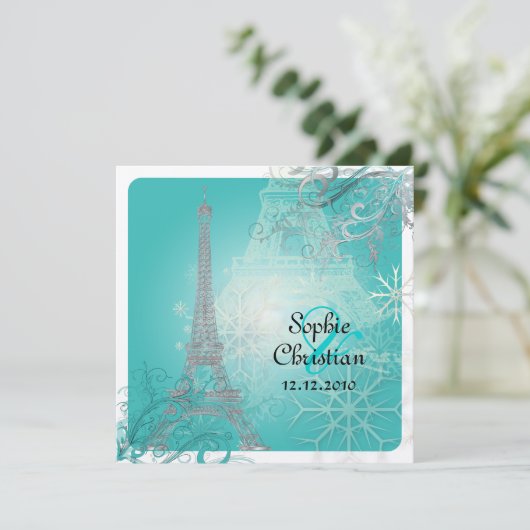 Invitation PixDezines Faux Silver Eiffel/Turquoise (Debout devant)