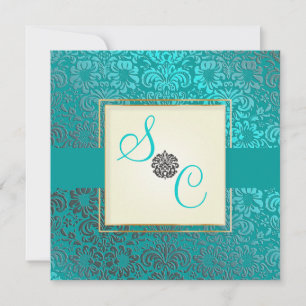 Invitation PixDezines Fidora Blue+Turquoise Damask Vintage