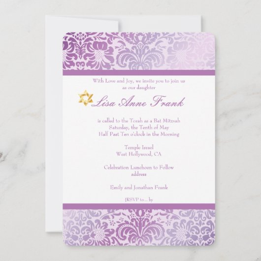 Invitation PixDezines Fidora Damask, couleur Bat mitzvah/DO-I (Dos)