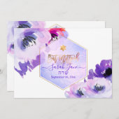 Invitation PixDezines Fleurs aquarelles, Bat mitzvah violet (Devant / Derrière)