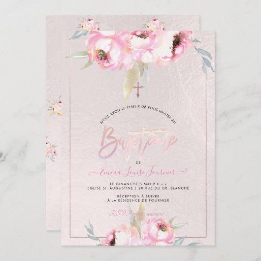 Invitation PixDezines Fleurs aquarelles Peonies Baptême (Devant / Derrière)
