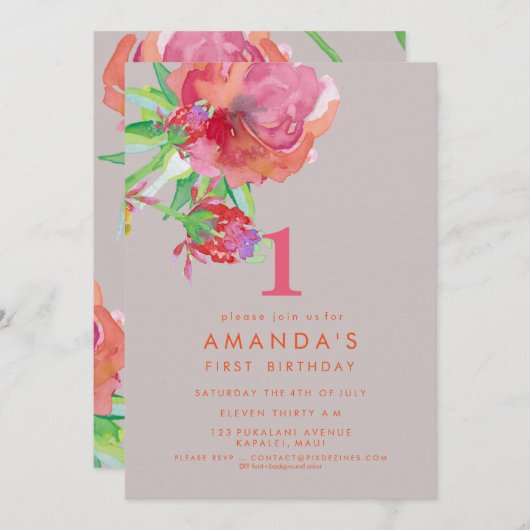 Invitation PixDezines Fleurs d'aquarelle d'anniversaire/do-it (Devant / Derrière)