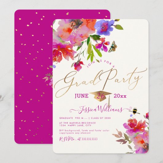 Invitation PixDezines Floral Watercolor Graduation Party (Devant / Derrière)