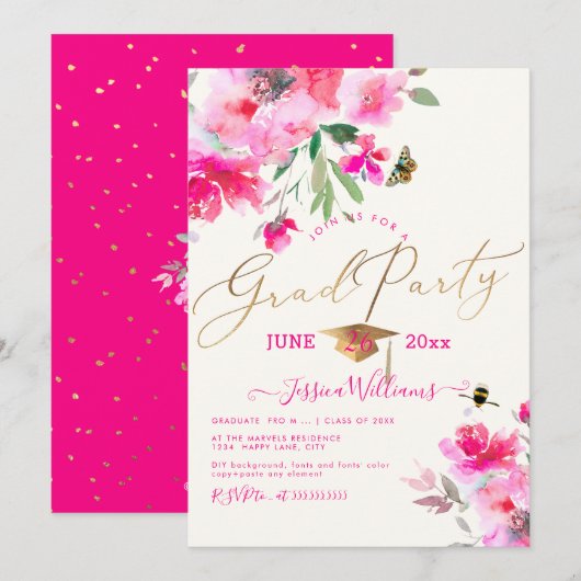 Invitation PixDezines Floral Watercolor Graduation Party (Devant / Derrière)