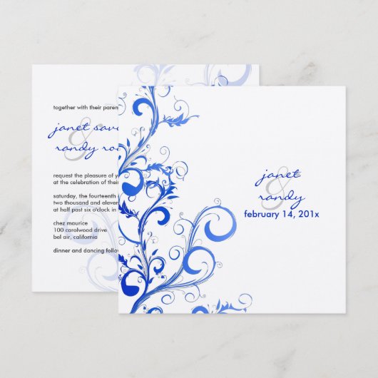 Invitation PixDezines Flourish/tourbillons feuilles/bleu/lila (Devant / Derrière)