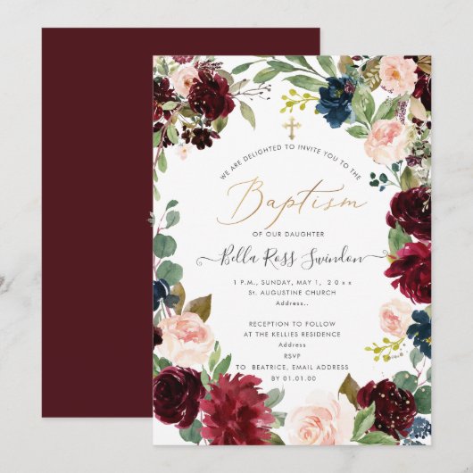 Invitation PixDezines Flush FlowersAquarelle Baptême (Devant / Derrière)