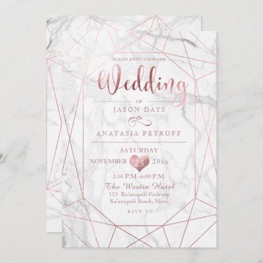 Invitation PixDezines Gemstone+Marbre/Faux Rose Gold/Mariage (Devant / Derrière)