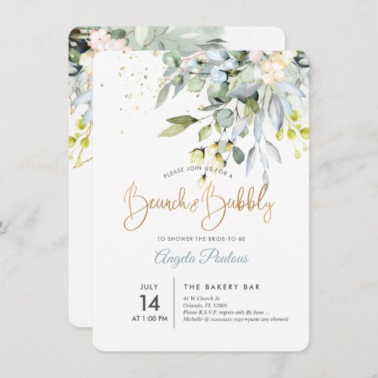 Invitation PixDezines gomme bleue Eucalyptus Brunch+Bubbly (Devant / Derrière)