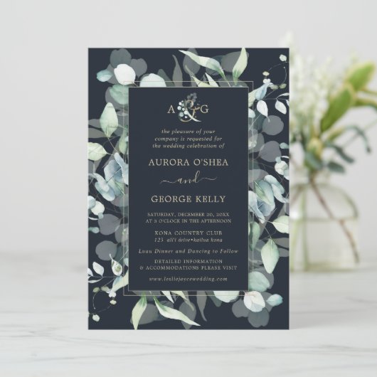 Invitation PixDezines gomme rustique Eucalyptus bleu marine (Debout devant)