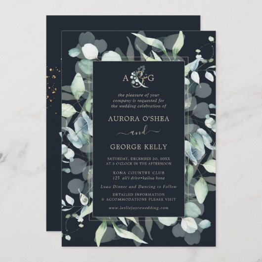 Invitation PixDezines gomme rustique Eucalyptus bleu marine (Devant / Derrière)