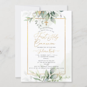 Invitation PixDezines Green Gold Eucalyptus 1ère communion sa