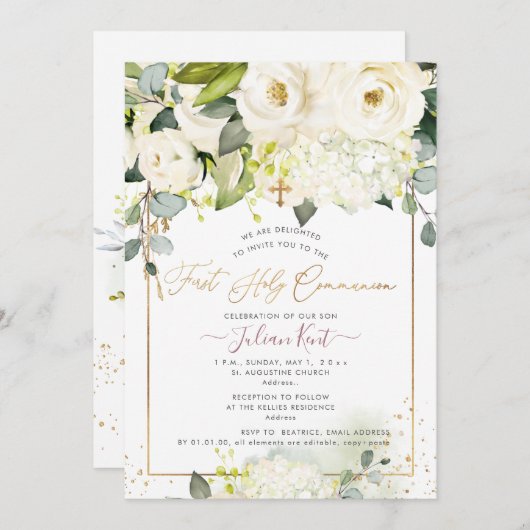 Invitation PixDezines H2 Albâtre Rose Première Communion Sain (Devant / Derrière)