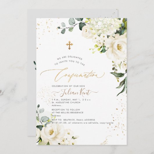 Invitation PixDezines H2 Albâtre Roses Hydrangeas (Devant / Derrière)