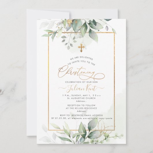Invitation PixDezines H2 Baptême Eucalyptus Vert Or (Devant)