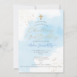 Invitation PixDezines H2 Bleu Baptême + 2e Anniversaire