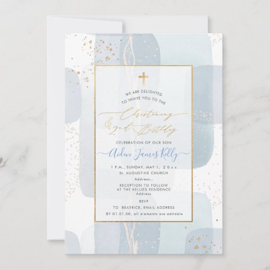 Invitation PixDezines H2 Bleu Christening+2e Anniversaire (Devant)