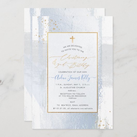 Invitation PixDezines H2 Bleu Christening+2e Anniversaire Inv (Devant / Derrière)