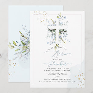 Invitation PixDezines H2 Bleu Poussiéreux Eucalyptus Batismo