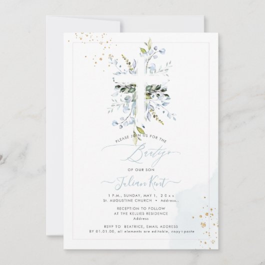 Invitation PixDezines H2 Bleu Poussiéreux Eucalyptus Bautizo (Devant)