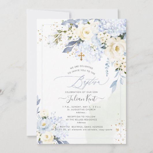 Invitation PixDezines H2 Bleus Hortensias Roses Crème Baptême (Devant)