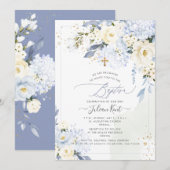 Invitation PixDezines H2 Bleus Hortensias Roses Crème Baptême (Devant / Derrière)